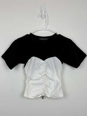 Maniere De Voir Black & White Ruched Corset T-shirt Top sz 6 date night coquette
